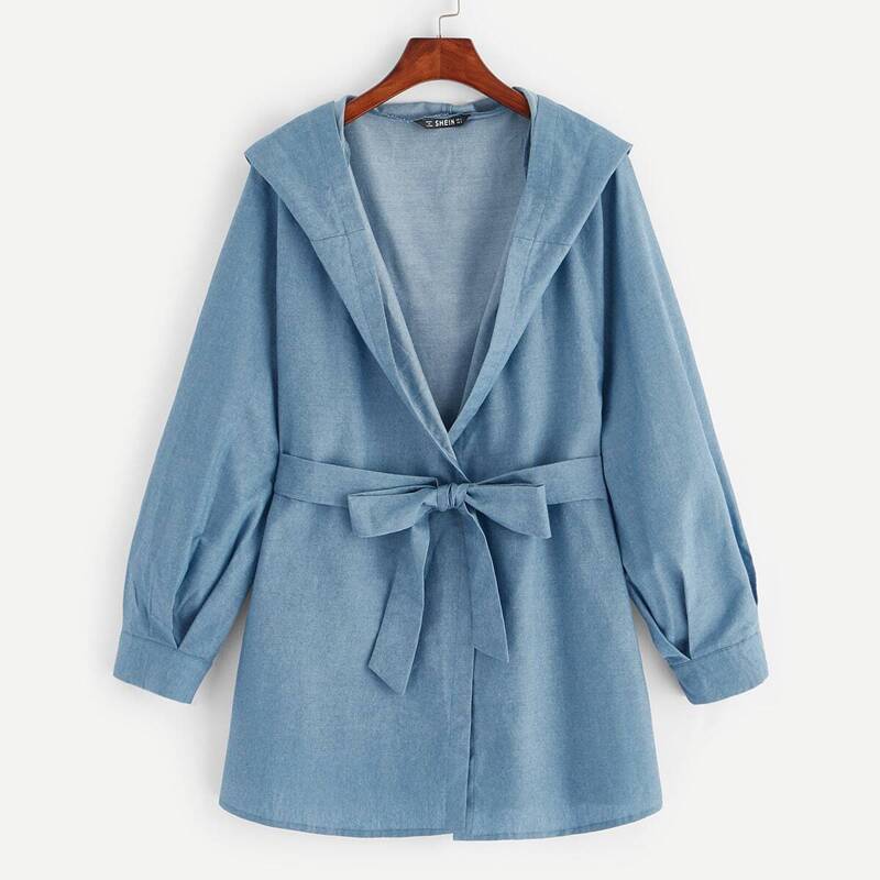 

Waist Belted Pleated Hoodie Outer, Blue