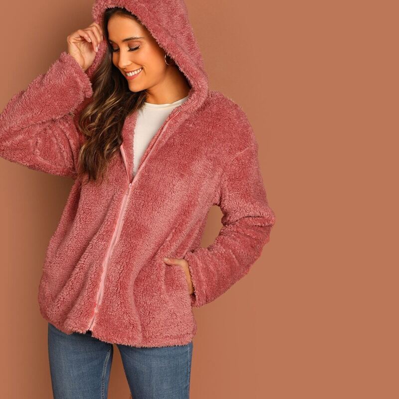 

Zip Up Hooded Teddy Jacket, Pink