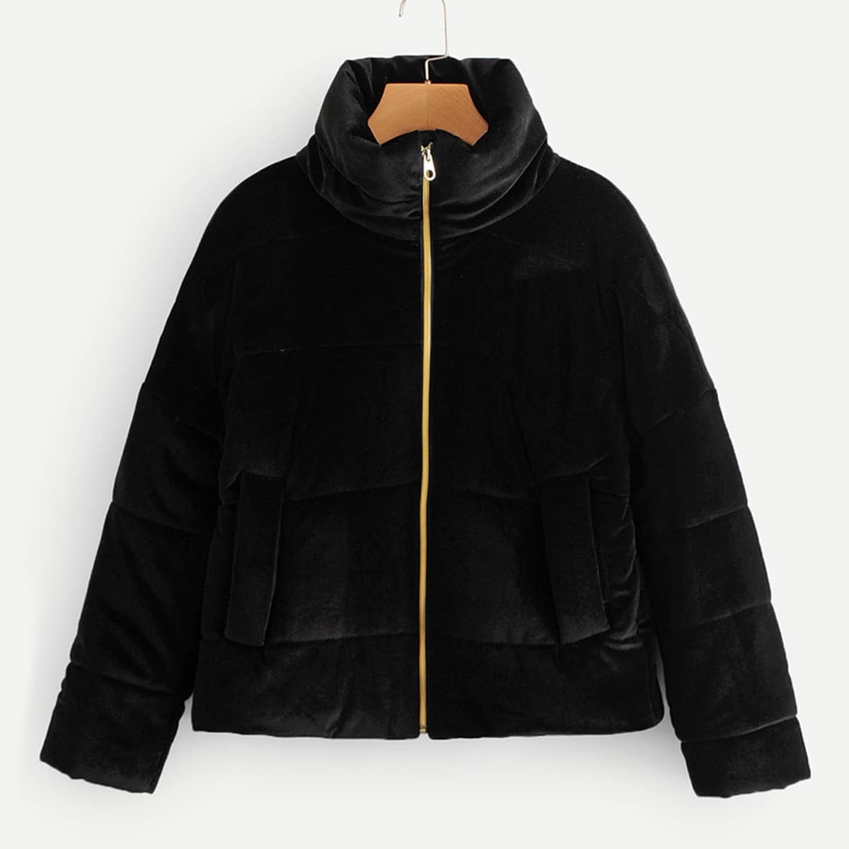 

Zip-up Velvet Solid Puffer Coat, Black