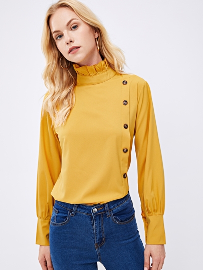 Tortoise Button Frilled Neck Blouse