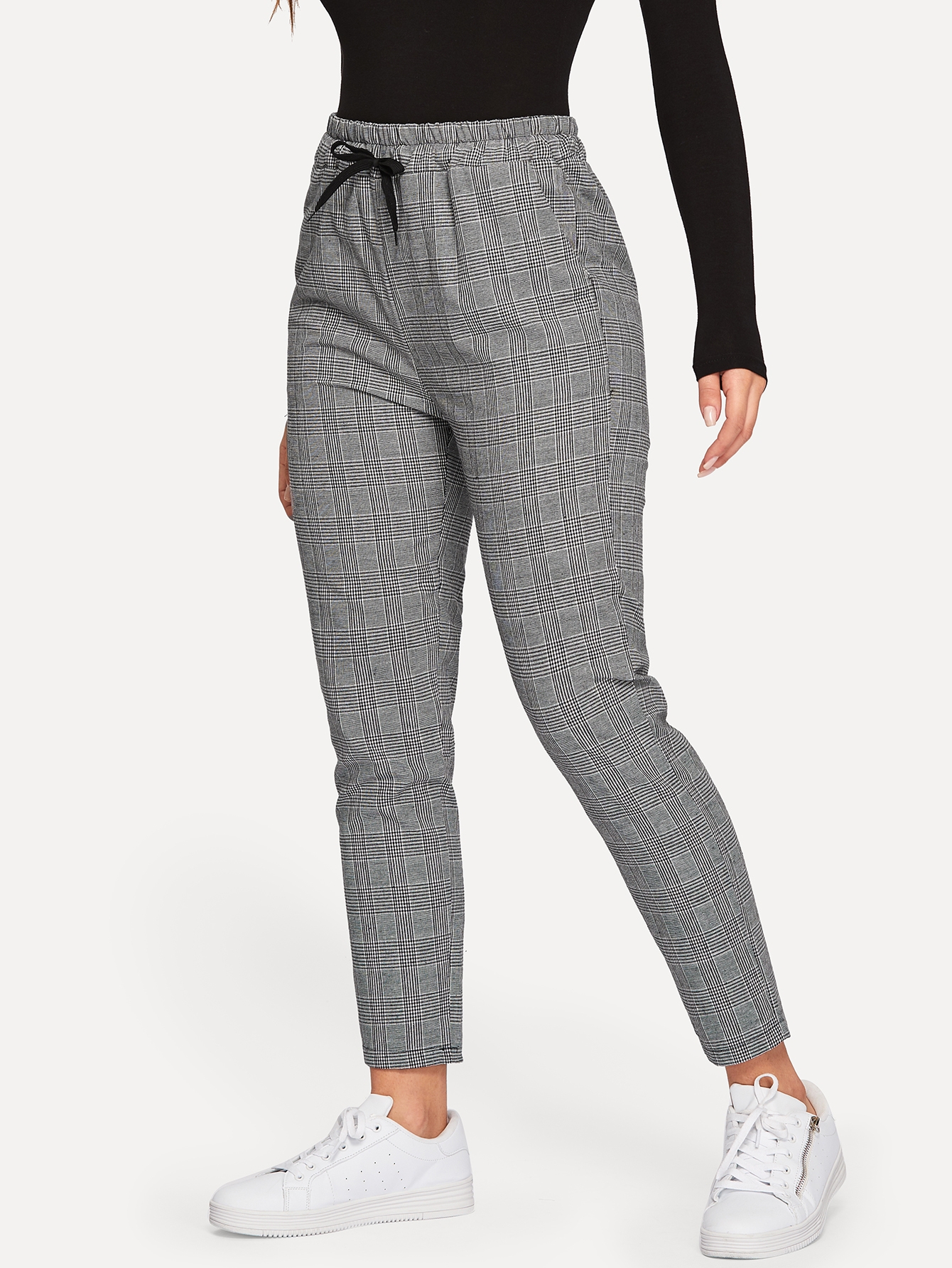 drawstring waist plaid trousers