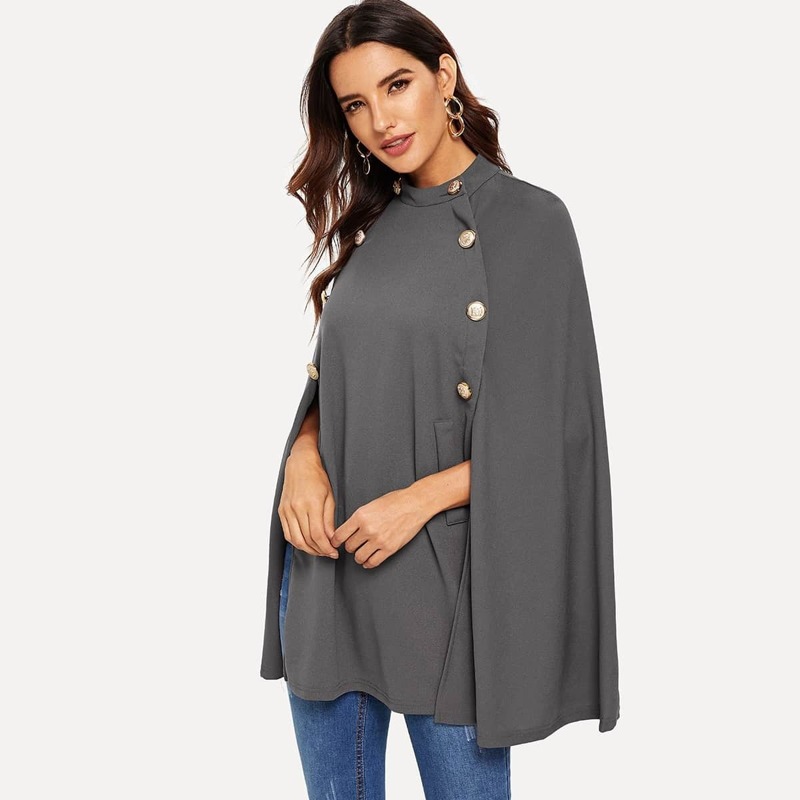

Double Button Mock Poncho Coat, Grey
