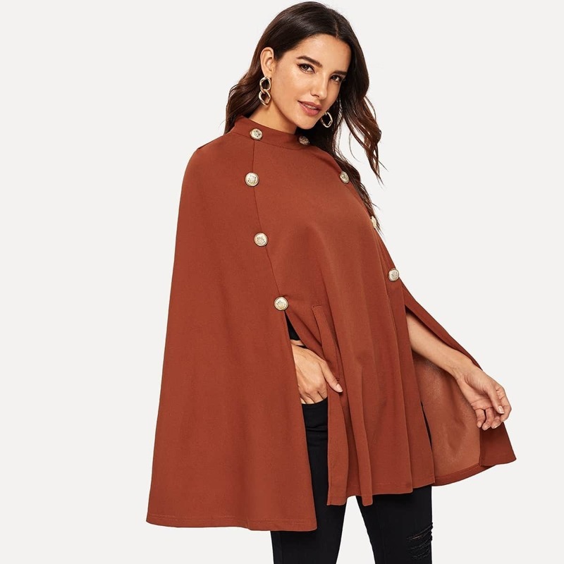 

Mock-neck Double Button Poncho Coat, Brown