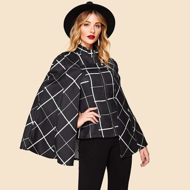 

70s Zip Up Grid Cape Coat, Black