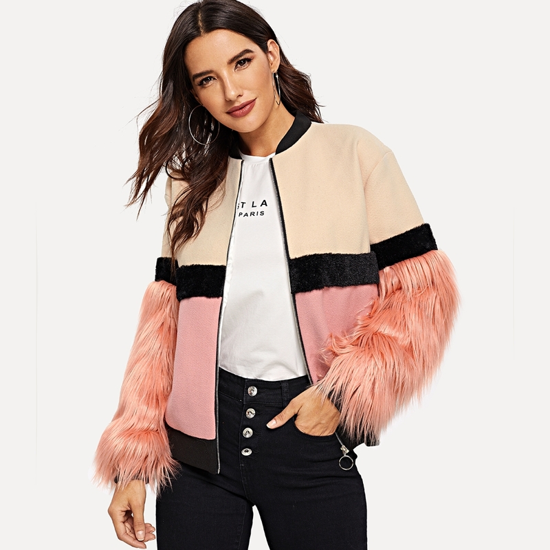 

Faux Fur Detail Color Block Jacket, Multicolor