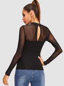 SHEIN Contrast Mesh Sheer Slim Fitted Tee - Black - View 2