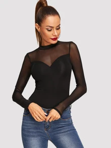 SHEIN Contrast Mesh Sheer Slim Fitted Tee - Black - View 3