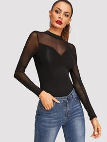 SHEIN Contrast Mesh Sheer Slim Fitted Tee - Black - View 4