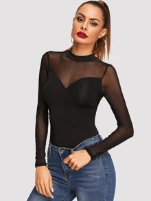 SHEIN Contrast Mesh Sheer Slim Fitted Tee - Black - View 1