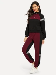 SHEIN Conjunto sudadera de color block con cinta con letra con pantalones deportivos - Multicolor - Ver 3