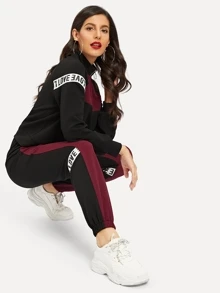 SHEIN Conjunto sudadera de color block con cinta con letra con pantalones deportivos - Multicolor - Ver 5