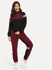 SHEIN Conjunto sudadera de color block con cinta con letra con pantalones deportivos - Multicolor - Ver 1
