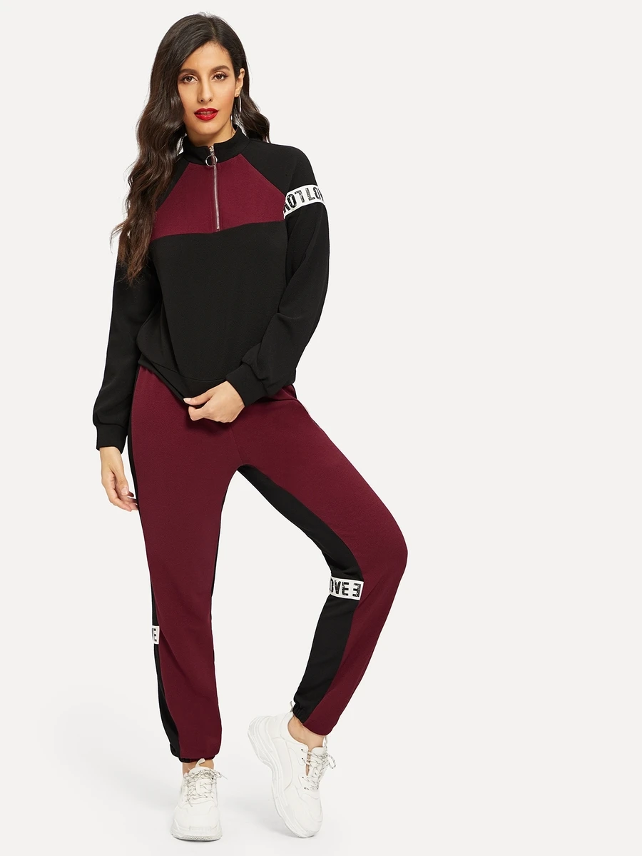 SHEIN Conjunto sudadera de color block con cinta con letra con pantalones deportivos - Multicolor - Ver 1