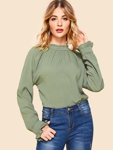 Frill Neck Bell Sleeve Solid Top
