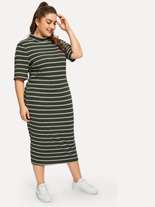 Plus Mock-neck Rib Knit Striped Dress