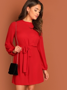 Keyhole Back Waist Belted Dress