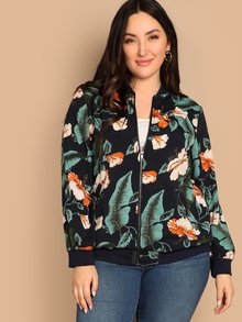 Plus Jungle Leaf Print Bomber Jacket