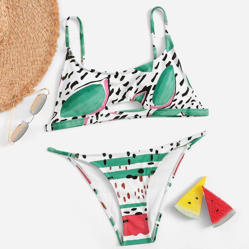 

Fruit Print Cut-Out Top With Seam Trim Bikini Set, Multicolor