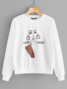 Figure and Letter Print Pullover