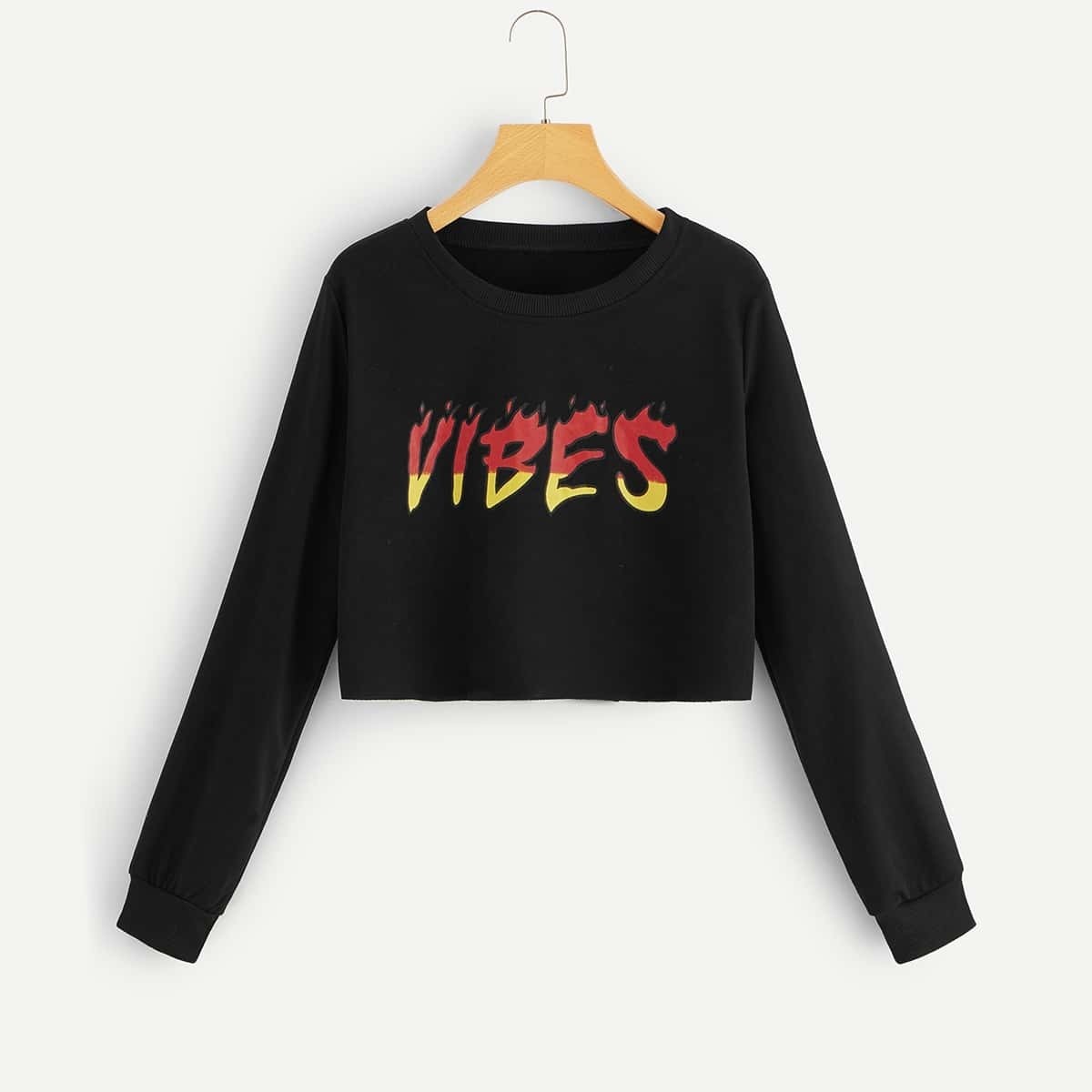 

Letter Print Crop Sweatshirt, Black