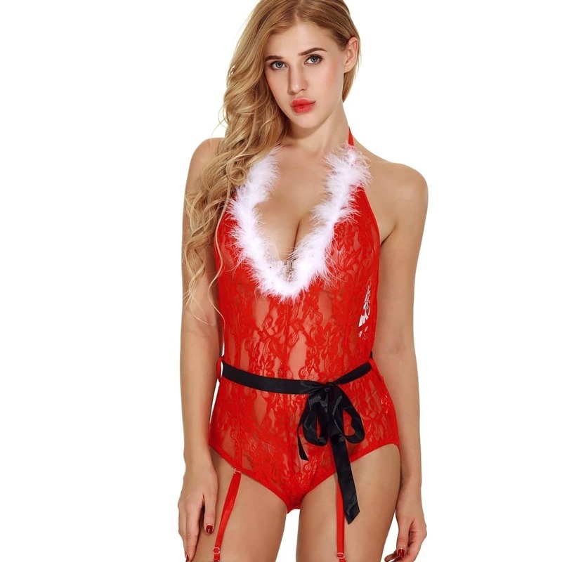 

Belted Faux Fur Trim Floral Lace Garter Teddy Bodysuit, Red