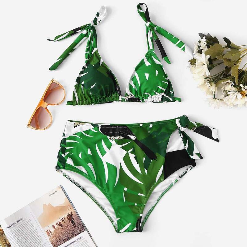 

Triangle Top With High Waisted Bikini Set, Green