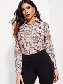Chain Print Trim Button Front Blouse