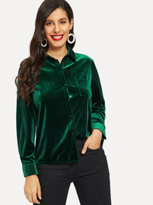 Velvet Pocket Detail Trim Button Front Blouse