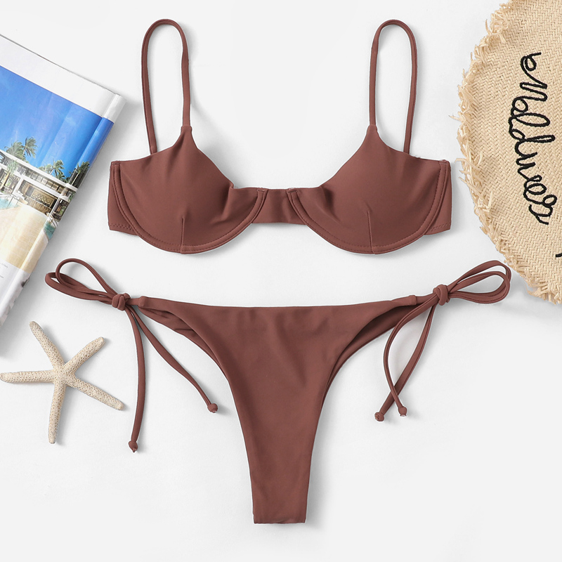

Underwired Cami Top With Tie Side Bikini Set, Brown