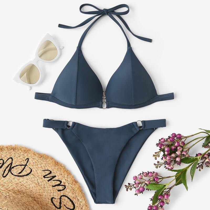 

Seam Triangle Top With Ring Loop Bikini Set, Blue