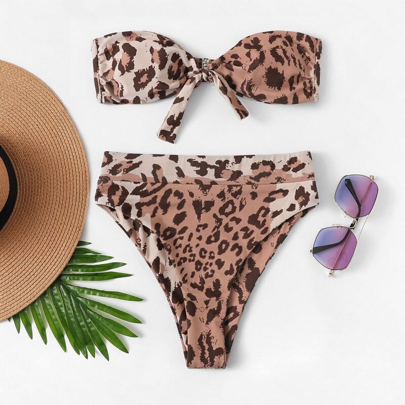 

Leopard Tie Front Bandeau High Leg Bikini Set