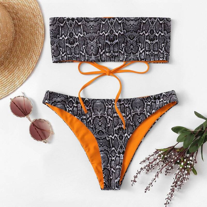 

Snakeskin Print Bandeau With High Cut Bikini Set, Multicolor