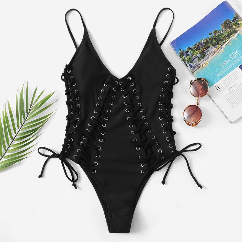 

Eyelet Lace-up One Piece Swimsuit, Black