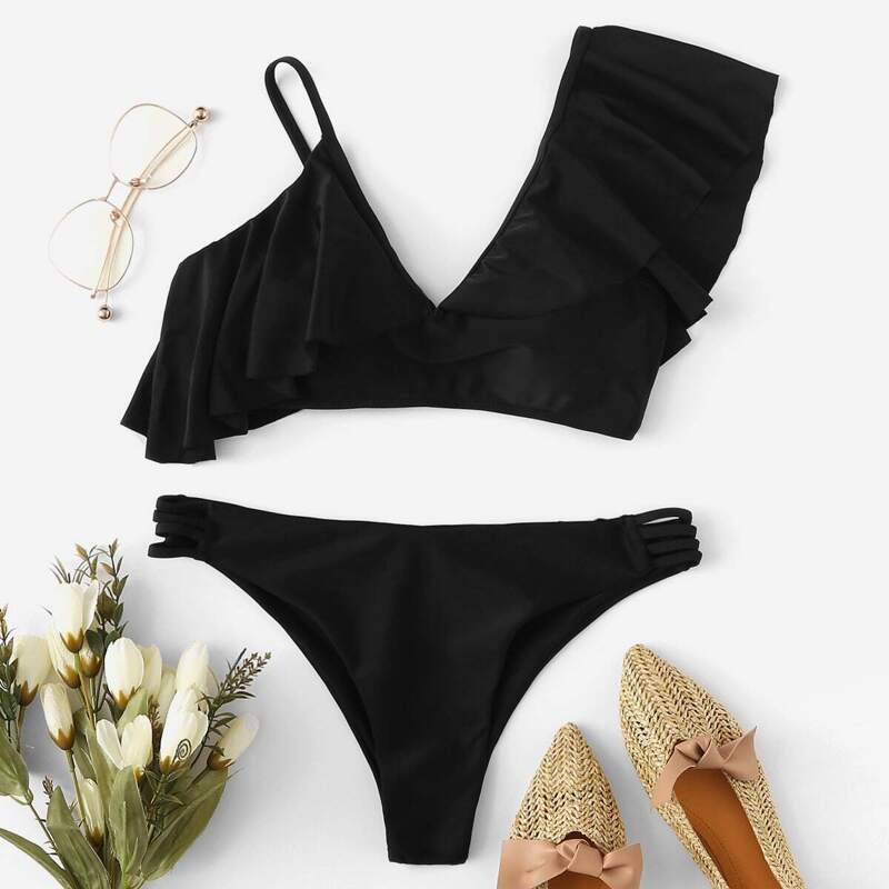 

Asymmetrical Ruffle Top With Ladder Cut-out Bikini, Black