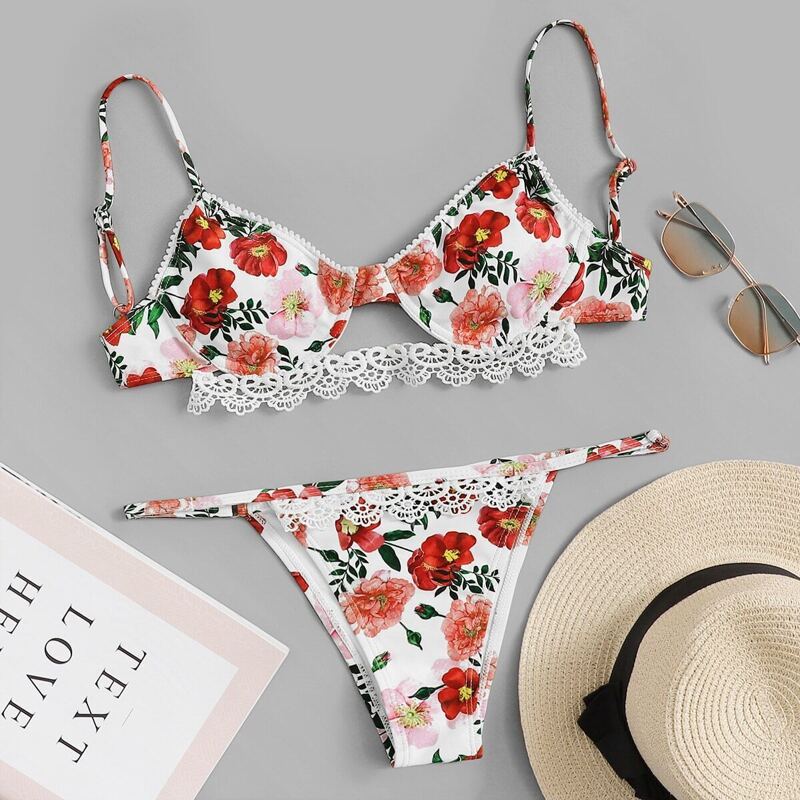 

Random Floral Crochet Trim Underwire Top With Tanga Bikini, Multicolor