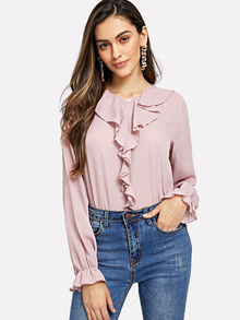 Button Detail Ruffle Trim Solid Top