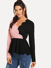 Two Tone Scalloped Wrap Peplum Top