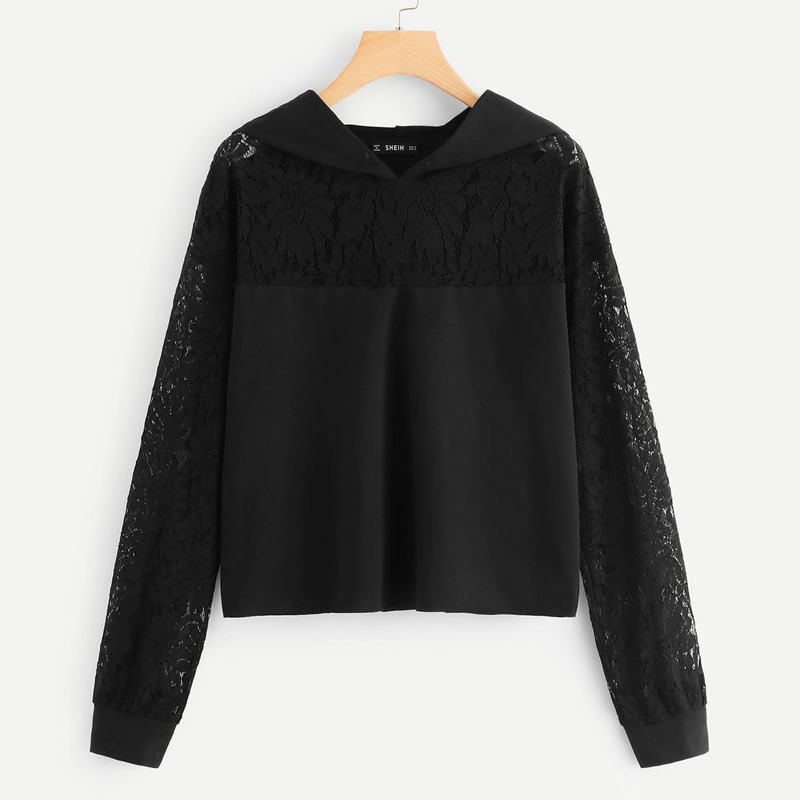 

Contrast Lace Solid Hoodie, Black