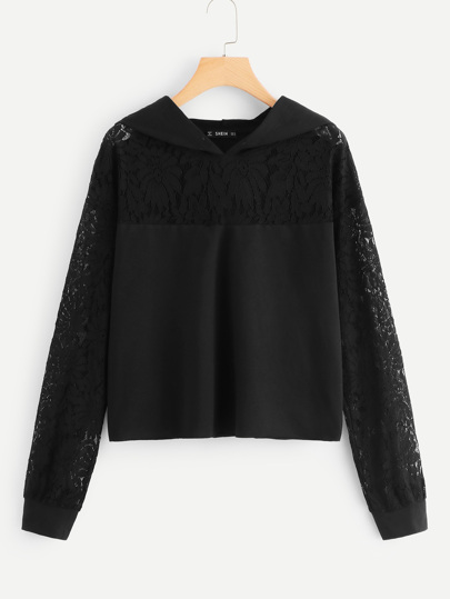 Contrast Lace Solid Hoodie