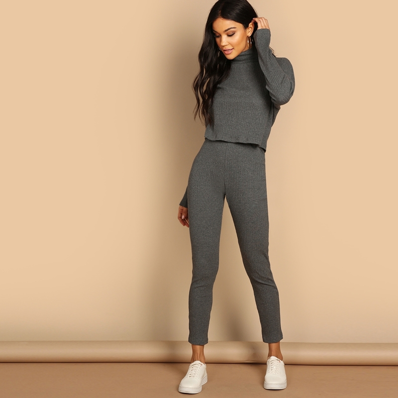 

Turtleneck Rib-knit Top & Leggings Set, Dark grey