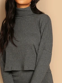 SHEIN Turtleneck Rib-knit Top & Leggings Co-ord - Dark Grey - View 4