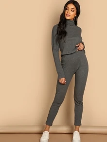 SHEIN Turtleneck Rib-knit Top & Leggings Co-ord - Dark Grey - View 5