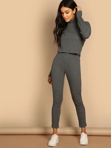 SHEIN Turtleneck Rib-knit Top & Leggings Co-ord - Dark Grey - View 1