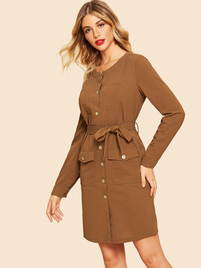 80s Waist Belted Pocket Button Dress pictures