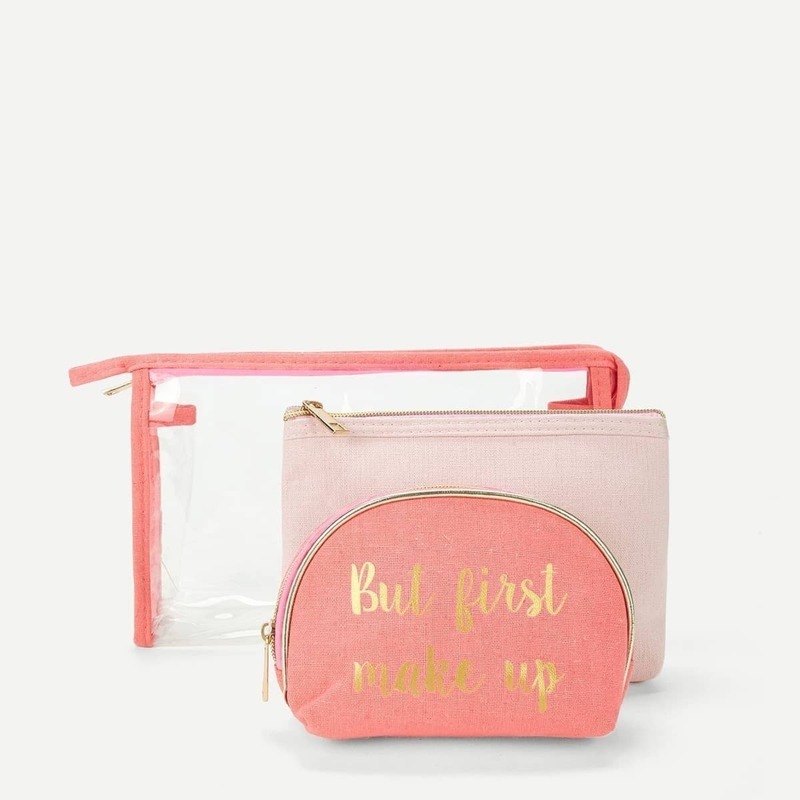 

Letter Print Zipper Makeup Bag 3pcs, Pink