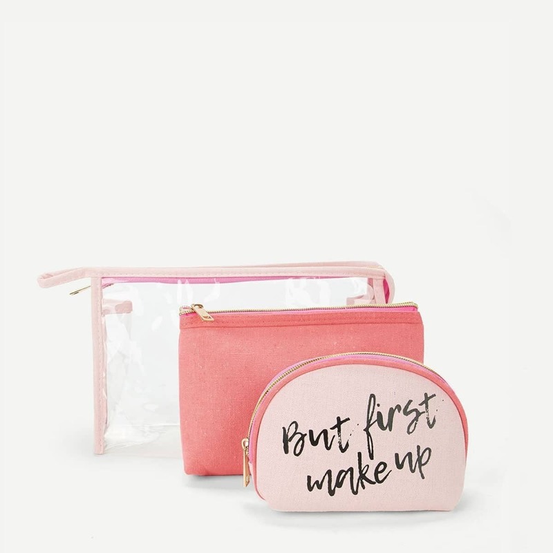 

Letter Print Zipper Makeup Bag 3pcs, Pink