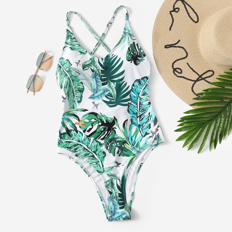 

Lace-up Back Tropical Swimsuit, Multicolor