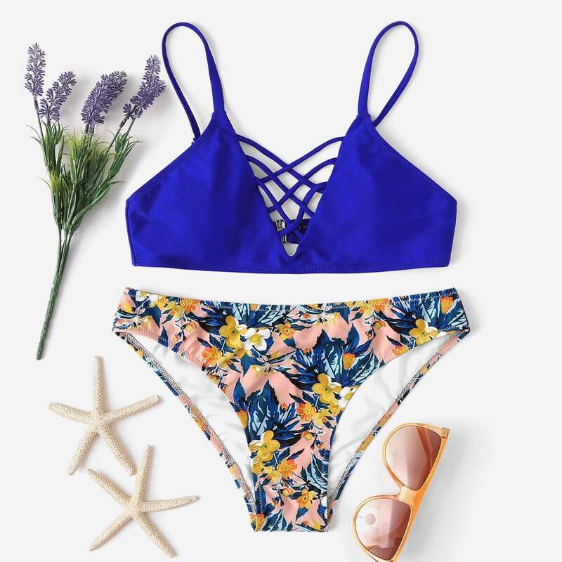 

Caged Front Top & Tropical Panty Bikini Set, Multicolor