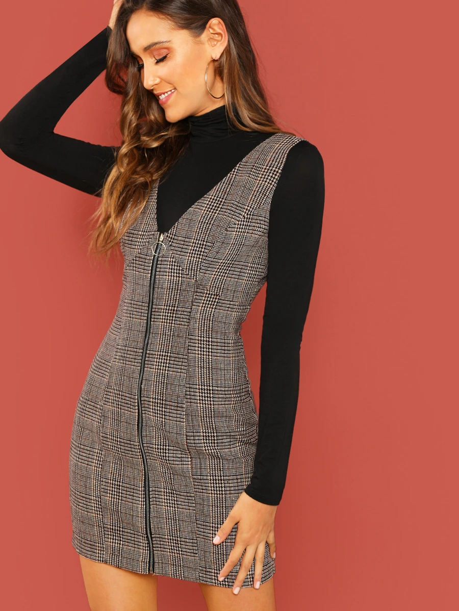 Zip Up Glen Plaid Pinafore Dress - Multicolor - View 1