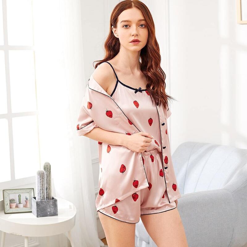 

4pcs Strawberry Print Satin Cami PJ Set With Shirt, Pink